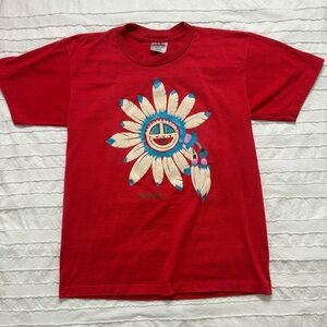 Vintage 1990s Oneita Arizona Native American T-Shirt Feathers Red Mens Size L